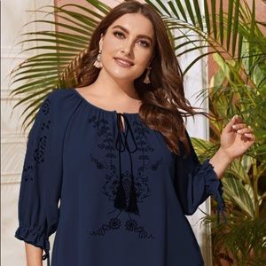 SHEIN Floral Print Tie-Neck Drawstring Cuff Blouse - NWOT